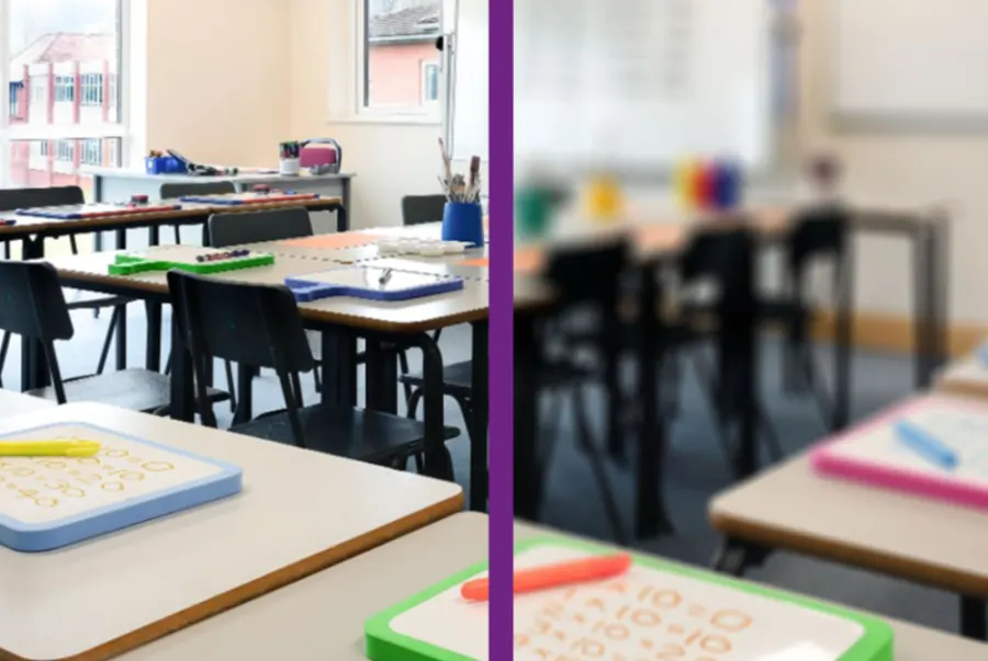 A classroom shown sharp on one side and blurred on the other, illustrating a child's vision problem